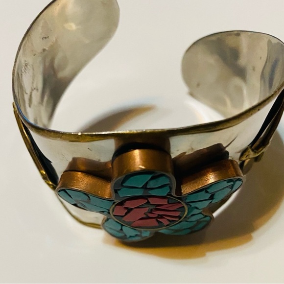 Turquoise and Red Floral Cuff Bracelet - Picture 2 of 9